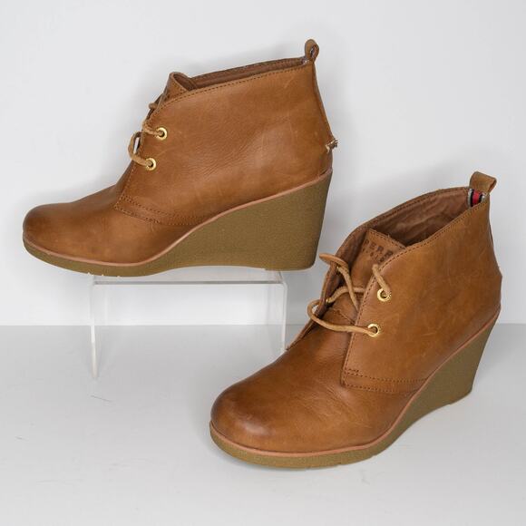 Sperry Ankle Bootie Harlow Wedge Heels Leather Rustic Boho Minimalist Brown 9 AS - Picture 2 of 6